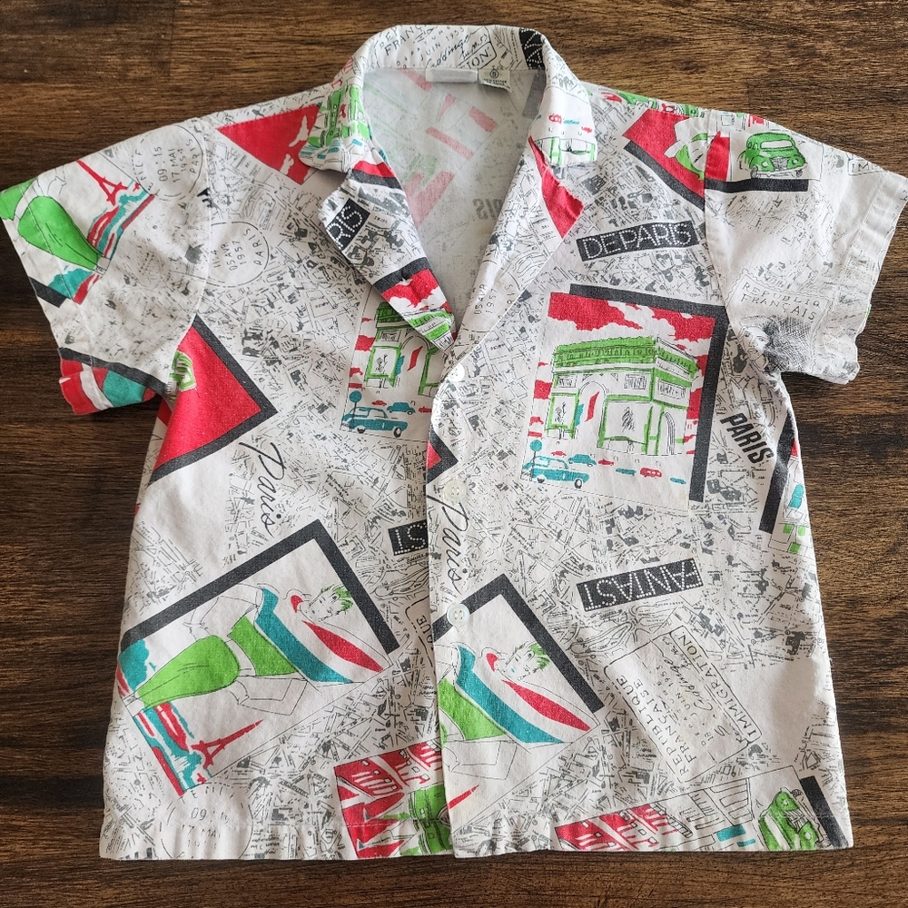 90s Tough Gear Toddler "Paris" Retro Graphic All Over Print Button Up Toddler 4T